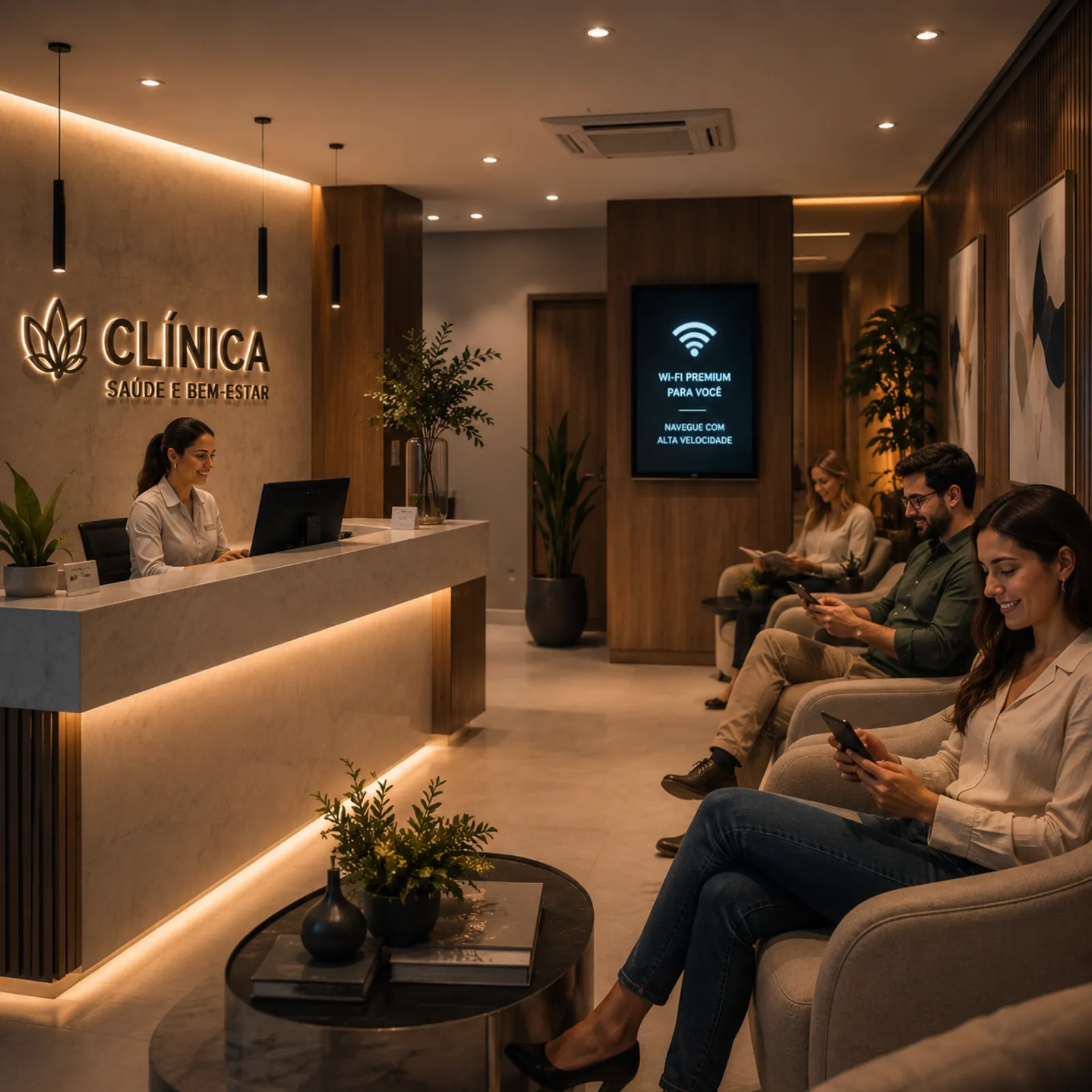 Recepção de clínica com pacientes na sala de espera