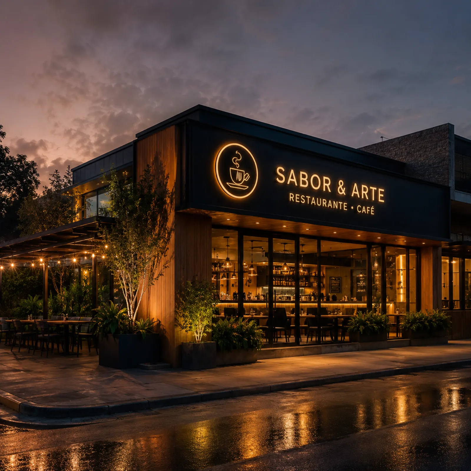 Fachada de restaurante e café ao anoitecer