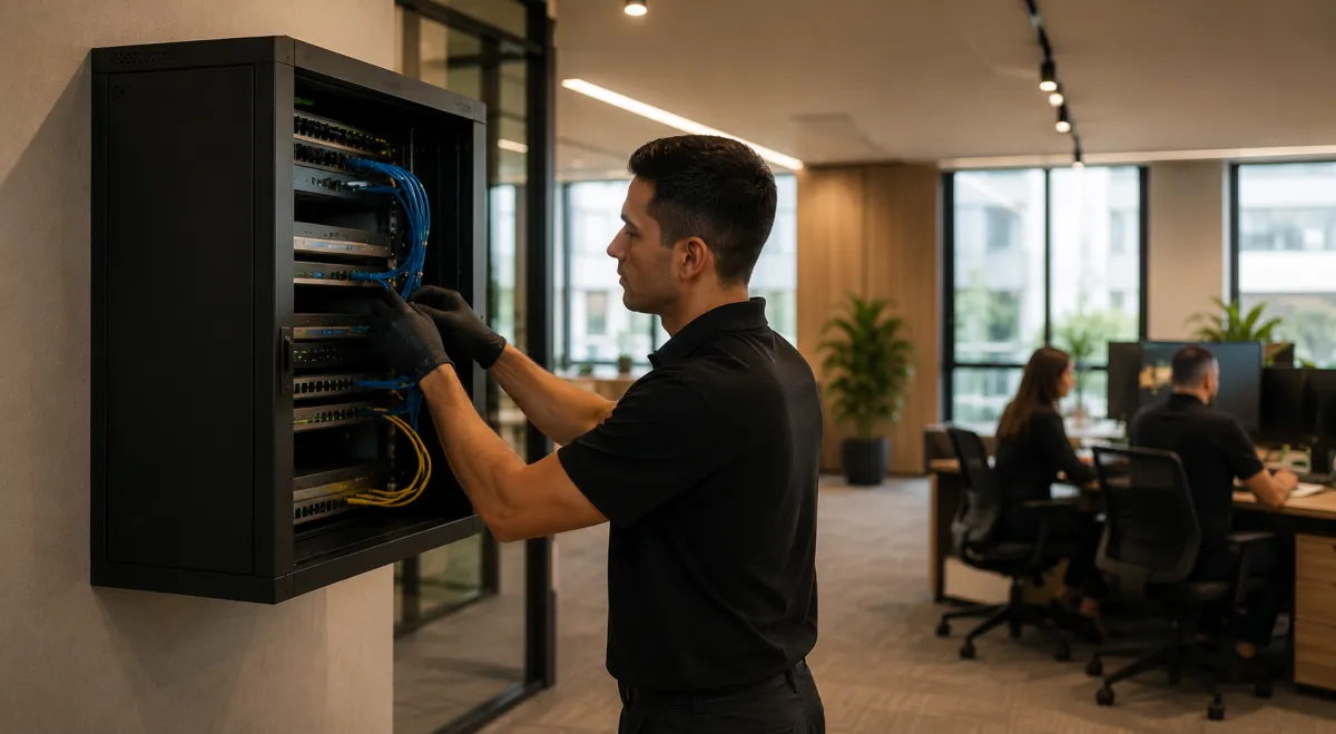 Técnico Zippy fazendo manutenção em rack de rede
